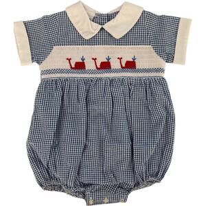 Vtg ANAVINI 18m Girl Blue & White Romper Hand Smocked 100% Cotton Gingham Whales